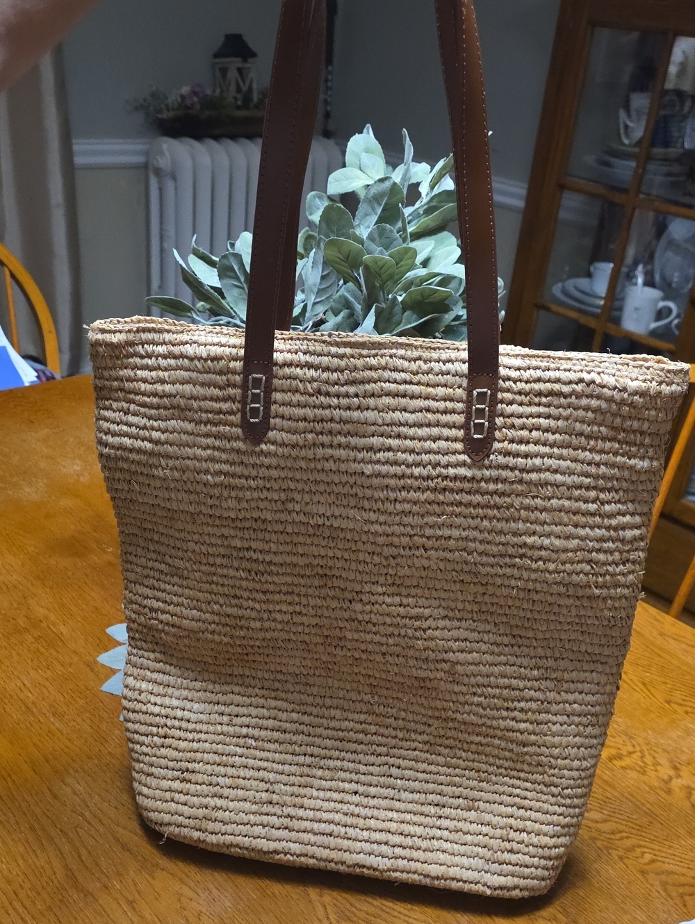 Woven Straw Tote Bag with Brown Leather Handles
